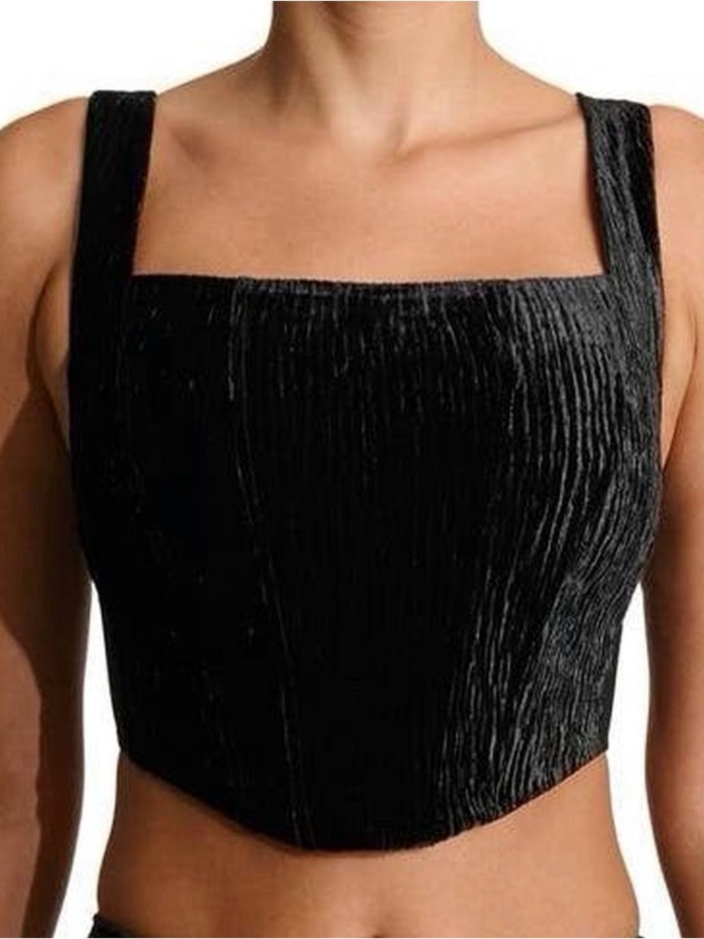 Naked Wardrobe Black Ribbed Velvet Corset Bustier Crop Top W/ Sheer Sides, Small